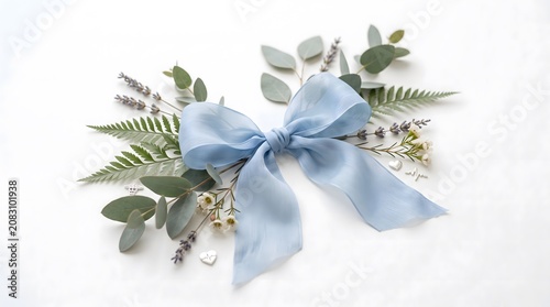 A beautiful botanical flat lay composition featuring a soft light blue silk ribbon bow arranged elegantly with green eucalyptus leaves
