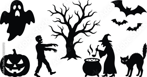 Bilde på lerret Halloween Silhouettes Ghost Witch Zombie And Pumpkin Against White Background