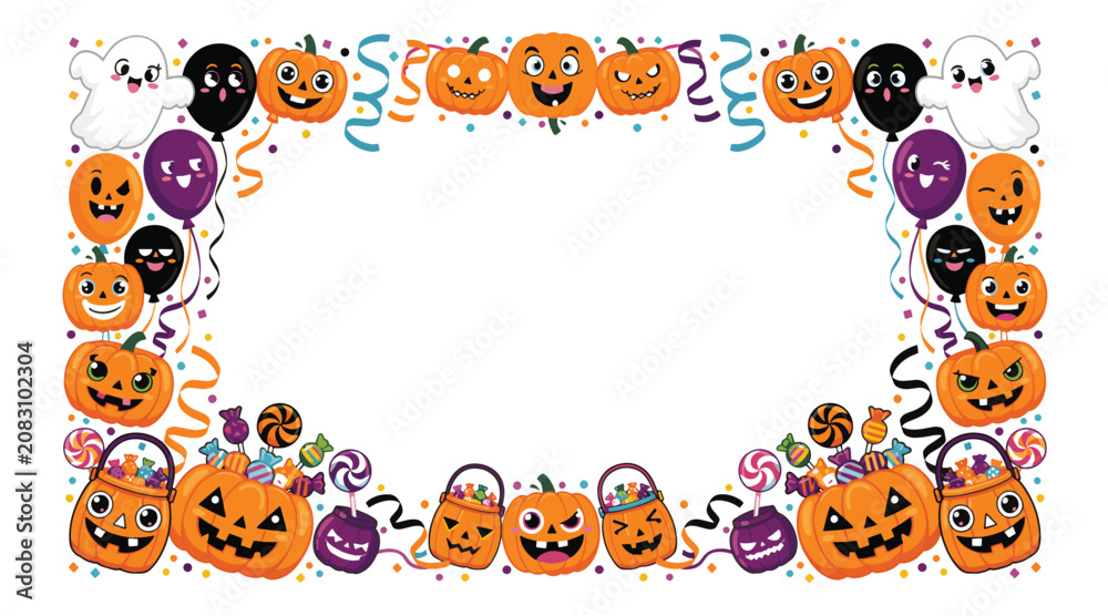 Fototapeta premium Festive Halloween border with carved pumpkins, ghosts, balloons, and candy for holiday celebration