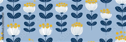 Nordic style seamless floral pattern on blue background. Abstract folk art flowers creating a repeating surface design