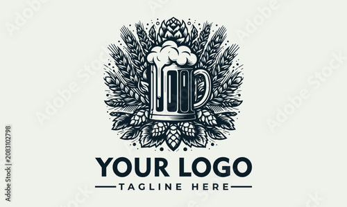 Fotografie Vintage style beer mug logo design with hops and wheat illustration