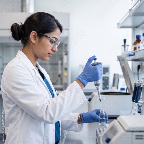 Professional female scientist in lab coat and safety glasses using a micropipette in a modern research laboratory