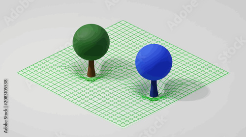 Isometric 3D illustration of two trees on a green grid surface