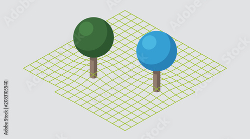 An isometric illustration depicts two trees standing on a grid surface outdoors in a landscape scene.