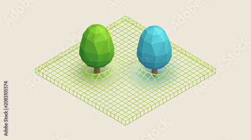 A 3D illustration depicts two trees standing on a grid surface outdoors.