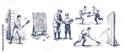 Obraz na płótnie Vintage lacrosse training illustration set showing historical players practicing drills, coaching a young boy, wall ball rebounding, and throwing at a wooden target in a classic ink sketch style