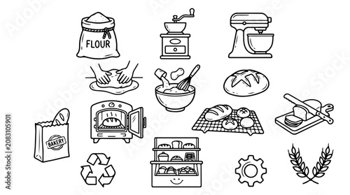 Konstfotografi Bread making illustration featuring flour, dough, oven, and loaves symbolizing b