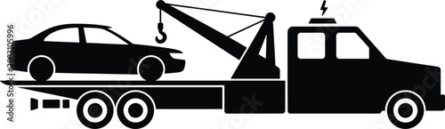 Foto Black silhouette of a flatbed tow truck carrying a broken sedan car isolated on