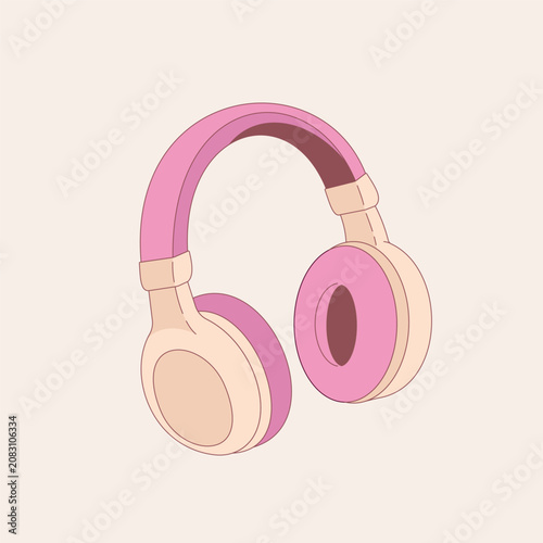 Cute wireless headphones illustration in soft pink and beige pastel colors. Modern audio accessory for music, podcasts, gaming, online learning, streaming, technology, lifestyle branding, stickers, so
