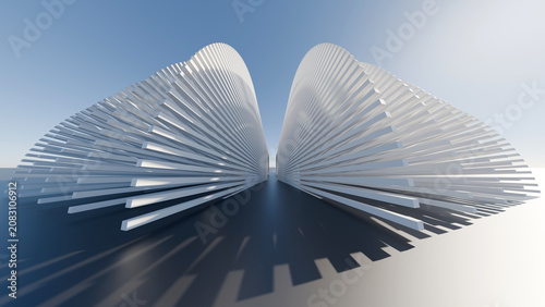 Photos Abstract 3D architectural rendering of symmetrical white parametric structures under a blue sky