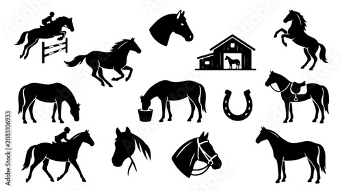 Photos Horse and equestrian silhouette illustration featuring riders, stables, and hors