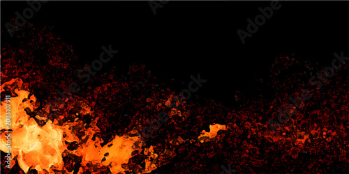 Fotografie Flames and embers on a black background, abstract fiery texture with glowing particles and burning coals