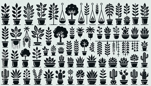 Potted Houseplant and Garden Tree Silhouette Vector Icon Set Featuring Hanging Terrariums and Indoor Home Botanical Decor Elements