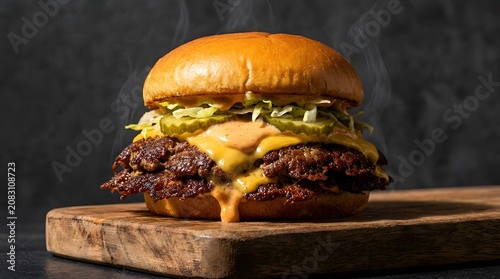 Massive Gourmet Smash Burger with Melted American Cheese on Dark Charcoal Background