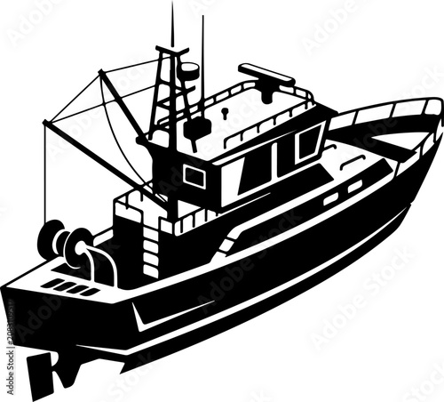 Fishing boat, tugboat, vessel, nautical icon, black and white vector