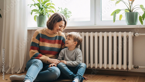 Happy grandmother and young grandson sitting on the floor near a radiator by a large window with potted plants enjoying quality time together indoors in a cozy home setting