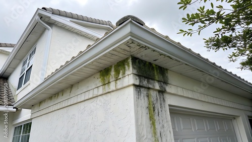 Green algae mold growth on exterior white stucco house soffit and trim with real estate exterior maintenance moisture