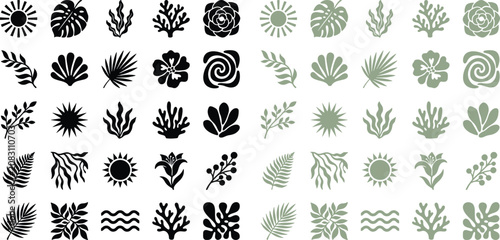 Schilderij op canvas Set of black and sage green botanical icons including tropical leaves flowers an