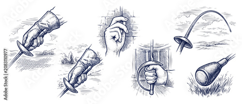 Quadro su tela Fencing sword engraving vintage hand gripping hilt of foil and saber in retro woodcut sketch style, athletic dueling concept with sport glove and steel blade vector set in classical crosshatch art