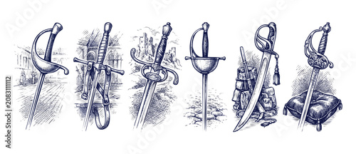 Quadro su tela Vintage swords engraving set sketches of medieval weapons collection, featuring classic rapiers, sabers, and broadswords shown in historical contexts with castle and armor, retro hand drawn concept