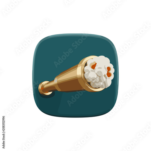 Vintage brass spyglass icon with fluffy cloud on teal background