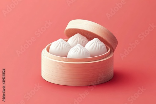 A steamer basket with three dumplings on a red and white background
