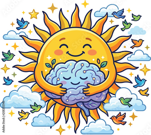 Smiling sun holding a brain with birds and clouds isolated on transparent background, Vector