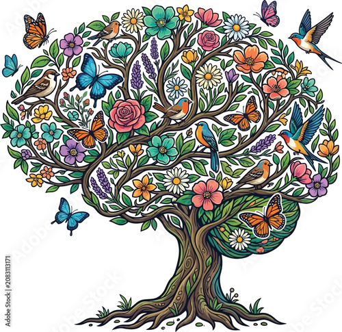 Colorful fantasy tree with butterflies and birds isolated on transparent background, Vector