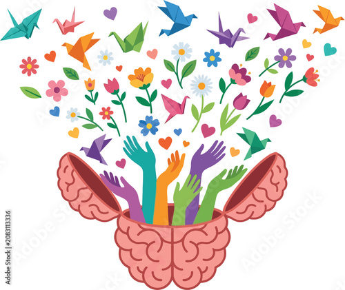 Colorful brain with flowers and birds vector illustration isolated on transparent background, Vector