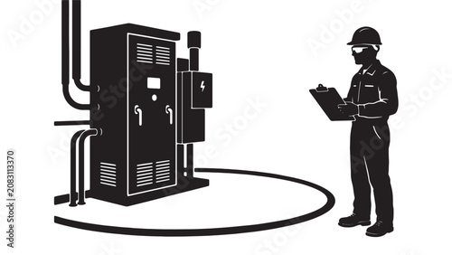фотографія Electrical technician inspecting power control cabinet with clipboard in industr