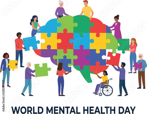 Diverse people building colorful puzzle globe for mental health isolated on transparent background, Vector