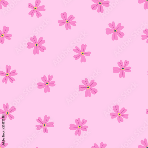 Seamless pattern with pink flowers on a soft pastel backdrop. Hand drawn vector illustation for textiles, packaging, stationery.