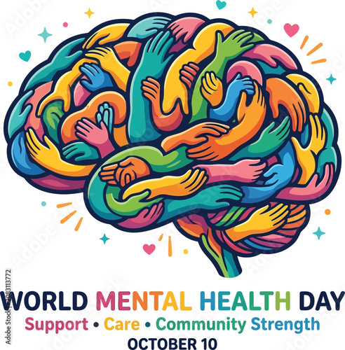 Colorful brain with hands hugging for mental health day isolated on transparent background, Vector