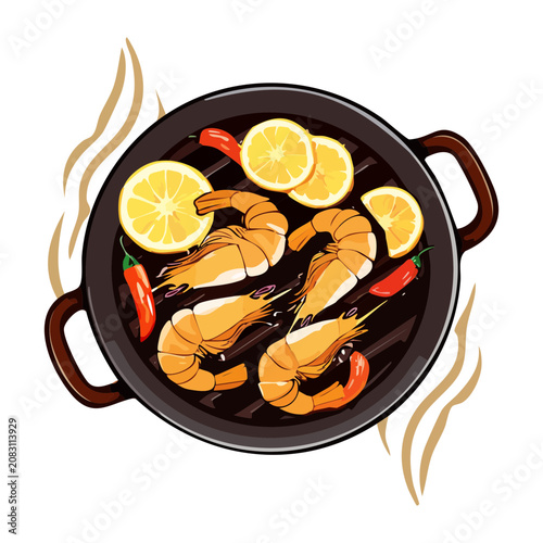 Delicious grilled prawns seasoned with fresh lemon slices and chili pepper inside black iron skillet for seafood restaurant menu design - Vector Illustration