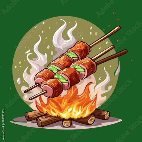 Roasting spicy meat skewers over rustic campfire logs with smoke effects for outdoor adventure camping dinner food design concept - Vector Illustration