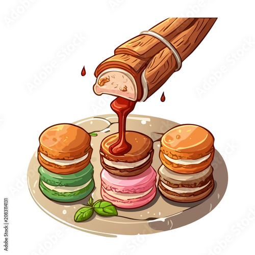 Foto Glazing sweet pastry roll with delicious liquid caramel from traditional wooden