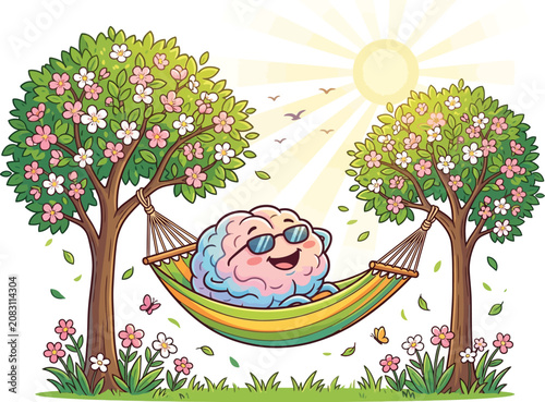 Happy cartoon brain relaxing in a hammock between trees isolated on transparent background, Vector