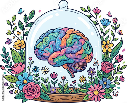 Colorful brain in glass with flowers and plants isolated on transparent background, Vector