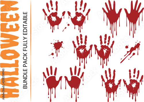 Bloody handprints and blood splatters vector illustration set. Creepy crimson dripping bloody hand shapes and liquid stains for horror Halloween design isolated on white.