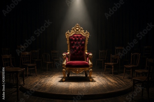 Ornate empty throne on a stage under a spotlight, ordinary chairs in background.