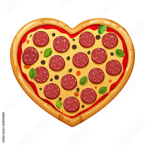 Romantic heart shaped pepperoni pizza vector illustration for Valentine fast food menu design and pizzeria marketing material - Vector Illustration