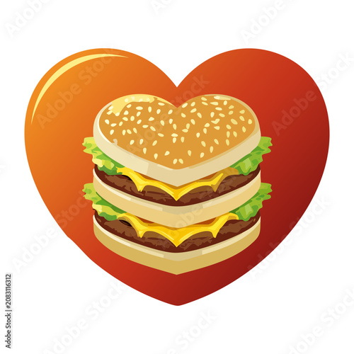 Tall heart shaped burger vector graphic with layers of meat cheese and lettuce for creative fast food ads - Vector Illustration