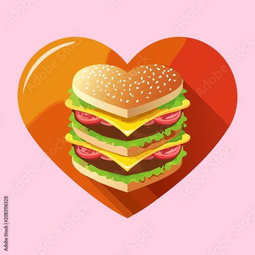 Juicy heart shaped double beef burger graphic for fast food menu designs romantic lunch deals and food trucks - Vector Illustration