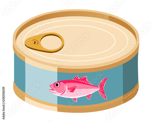 Closed metal tin can with seafood fish label graphic element for canned food packaging design project - Vector Illustration