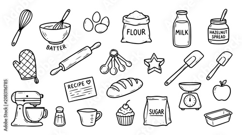 Schilderij op canvas Baking essentials illustration featuring ingredients, tools, and desserts symbol