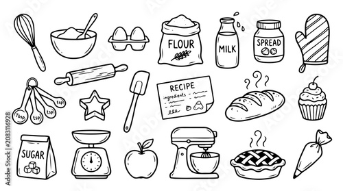 Schilderij op canvas Baking essentials illustration featuring ingredients, tools, and desserts symbol