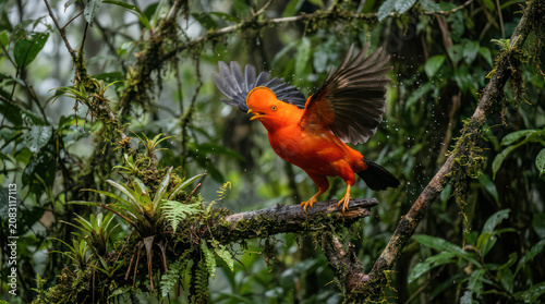 Andean Cock of the Rock Bird in Flight in a Lush Forest.