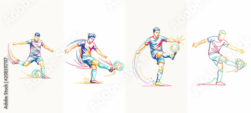 Dynamic male football and soccer athletes. Set of colorful single line art icons. Men players kicking dribbling passing and shooting in action poses. Sports line illustration, league team victory 