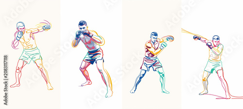 Dynamic male boxing, MMA athletes set. Single line art icons, muscular men fighters. Punching jabbing and sparring in powerful action poses. Masculine athletic strength combat training fitness posters