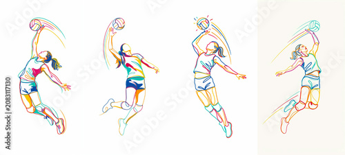 Dynamic female volleyball athletes set. Single line art icons, four women players spiking setting and serving action poses. vibrant multicolor continuous line illustration sports 